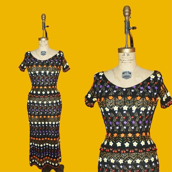 Y2K MOSCHINO CHEAP and CHIC Black Crochet Virgin Wool Short Sleeve & Maxi Skirt - Picture 1 of 10